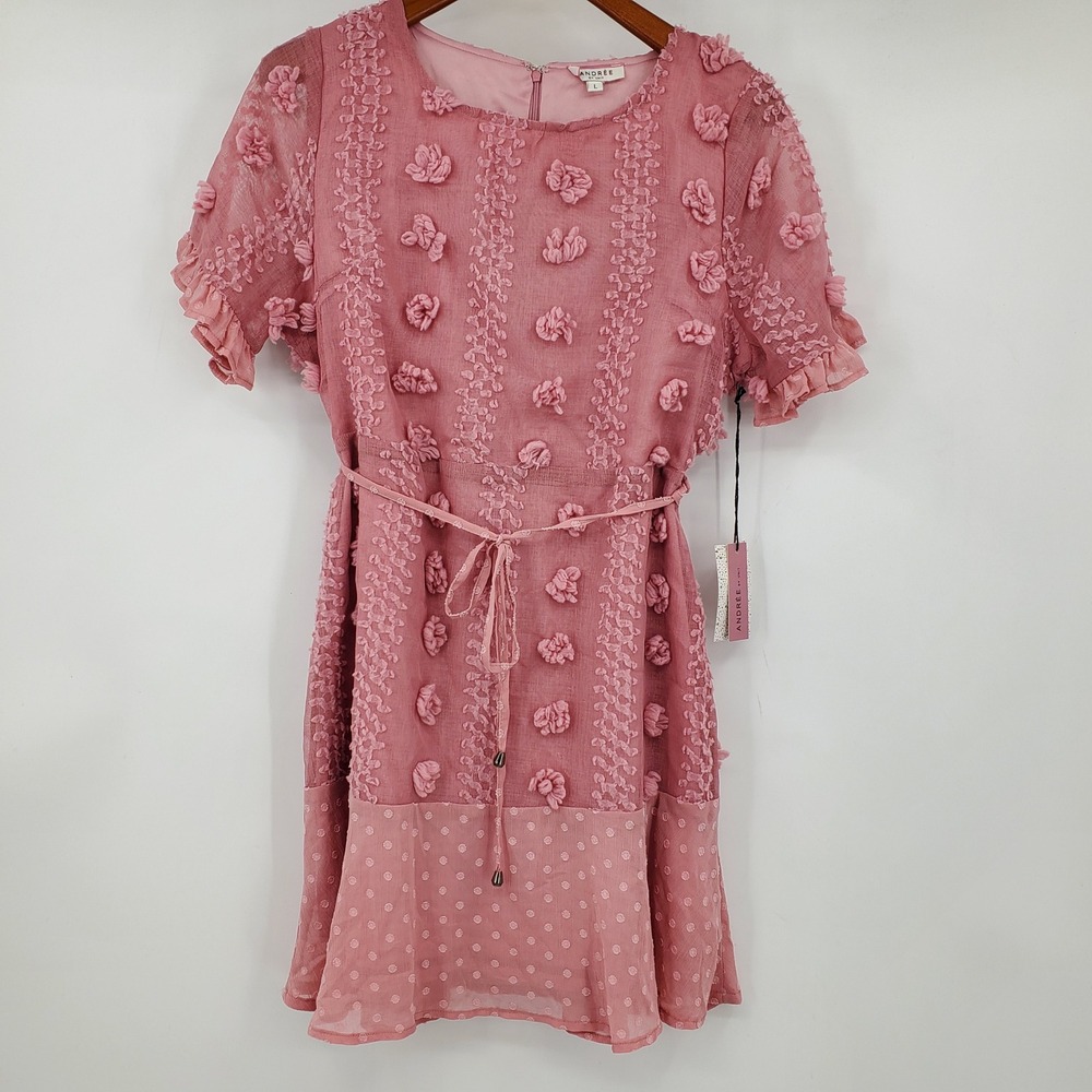 Andree by Unit Dusty Rose 3D Floral Swiss Dot Mini Dress L NWT Boho Cottagecore